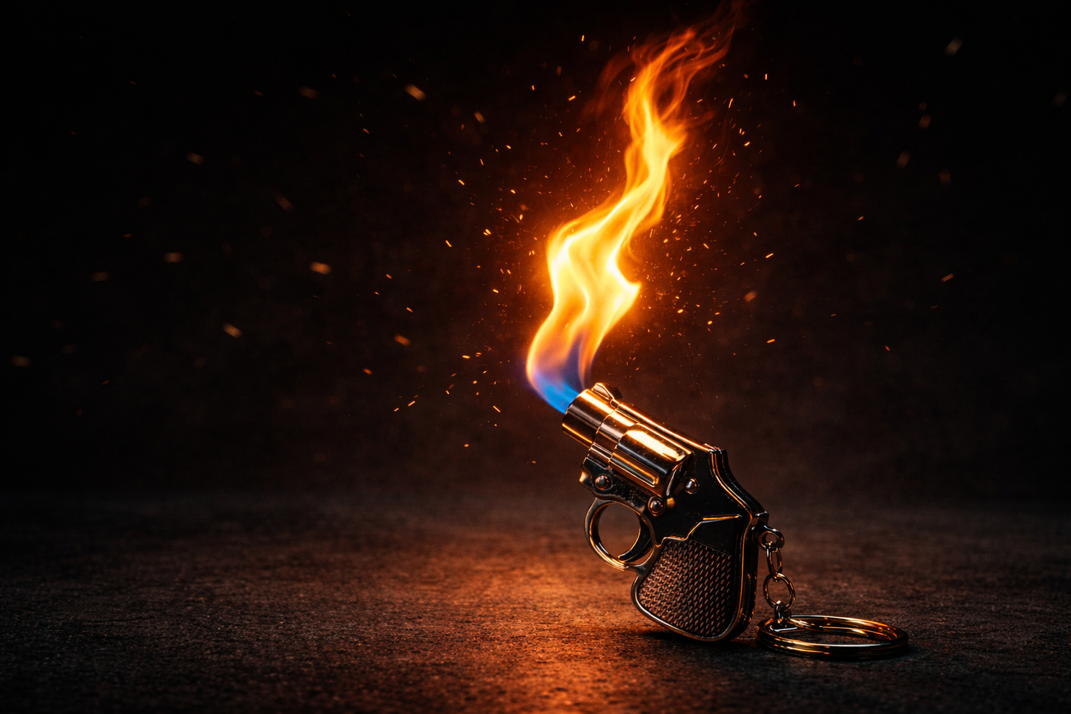 Mini revolver butane torch lighter standing upright with a bright blue flame and orange fire against a dark dramatic background.