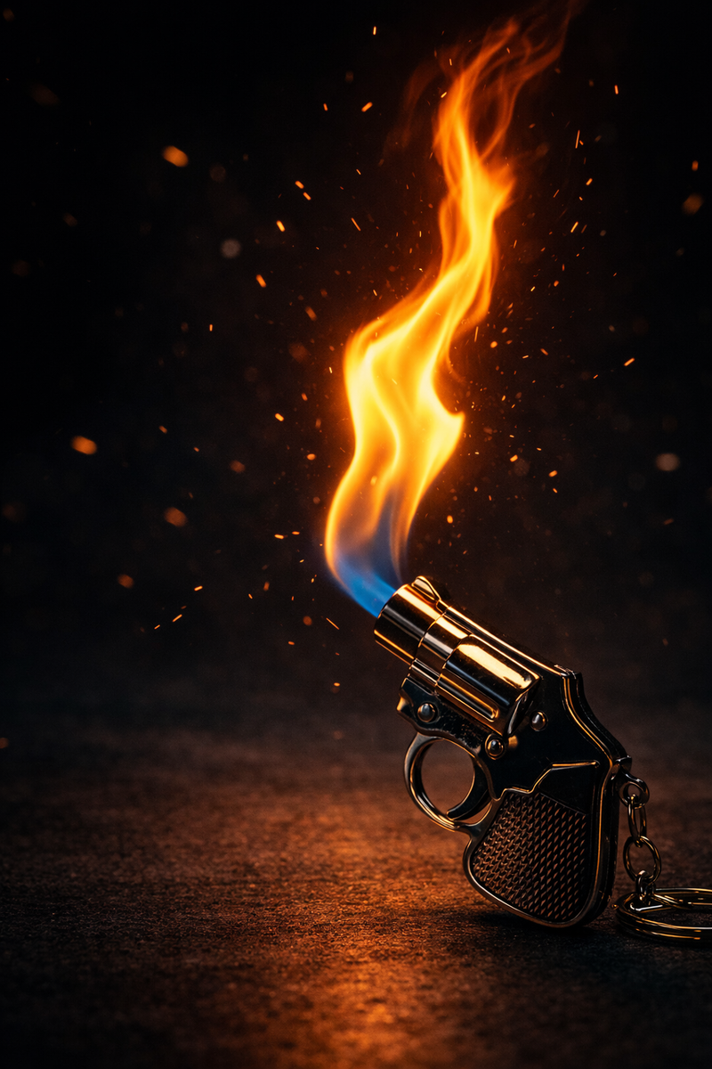 Mini revolver torch lighter emitting a blue and orange flame on a dark cinematic surface with glowing sparks.