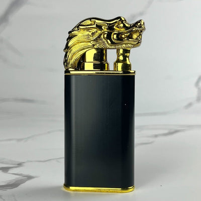 Black & Gold Dragon Beast Flame Lighter – refillable butane torch lighter with dragon head ignition design and metallic finish