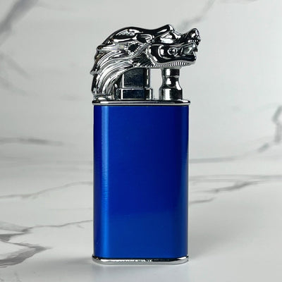Blue Dragon Beast Flame Lighter – refillable butane torch lighter with silver dragon head ignition design and metallic blue body