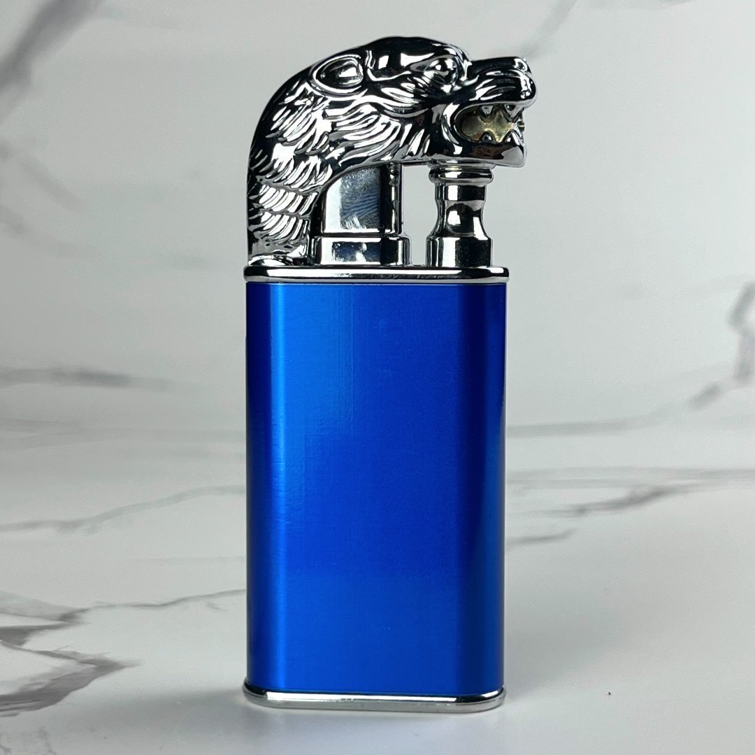 Blue Lion-Dragon Beast Flame Lighter – refillable butane torch lighter with metallic blue body and silver lion-dragon hybrid head design