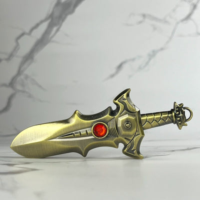 Brass Sword Torch Lighter – refillable butane jet flame lighter with red gem and full metal sword design