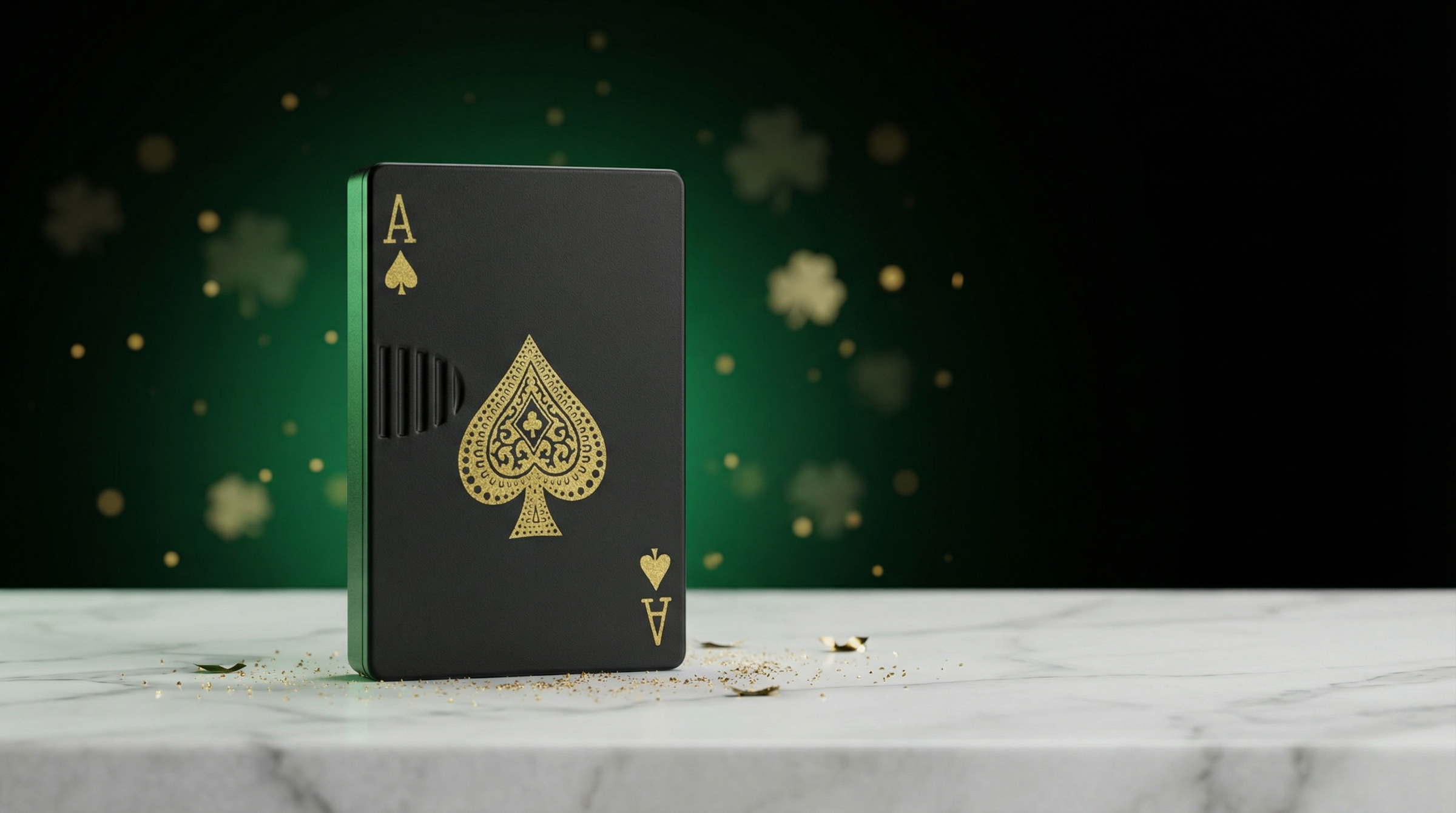 Lucky Ace refillable torch lighter in matte black with gold spade design, displayed on marble with emerald green St. Patrick’s Day background and gold accents