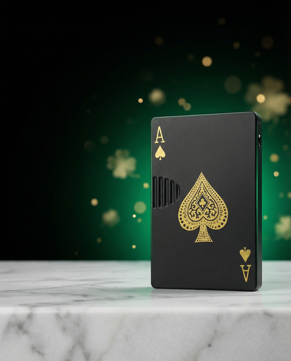 Lucky Ace black torch lighter with gold spade design on white marble surface against emerald green St. Patrick’s Day background