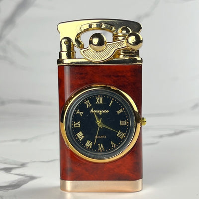 Mahogany Time Torch Lighter – refillable butane blue flame lighter with LED clock face and lever ignition design