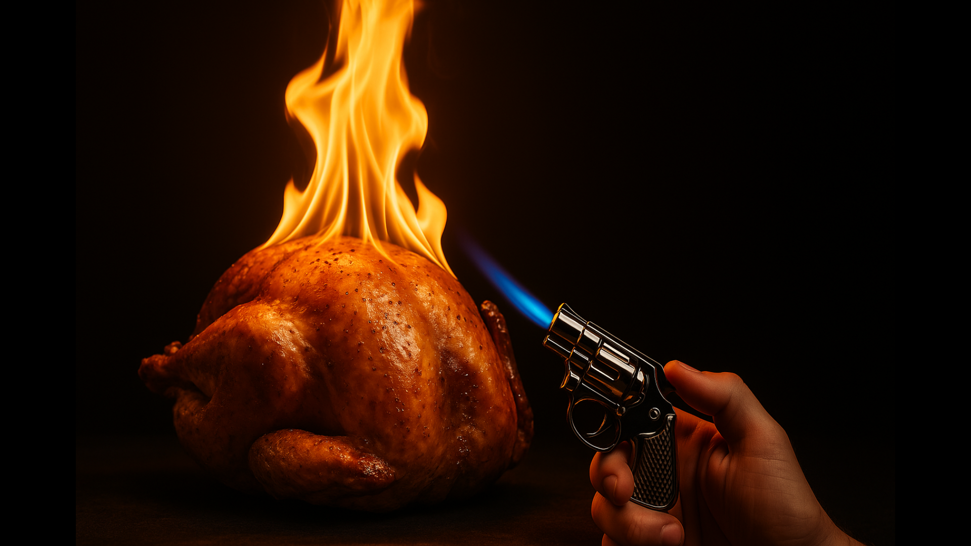 Mini revolver torch lighter igniting a roasted Thanksgiving turkey with a blue flame against a dark cinematic background.