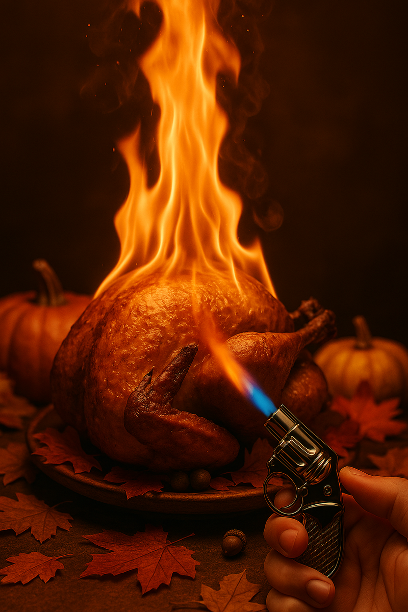 Mini revolver torch lighter setting a Thanksgiving turkey on fire with vivid blue and orange flames in a warm fall scene.