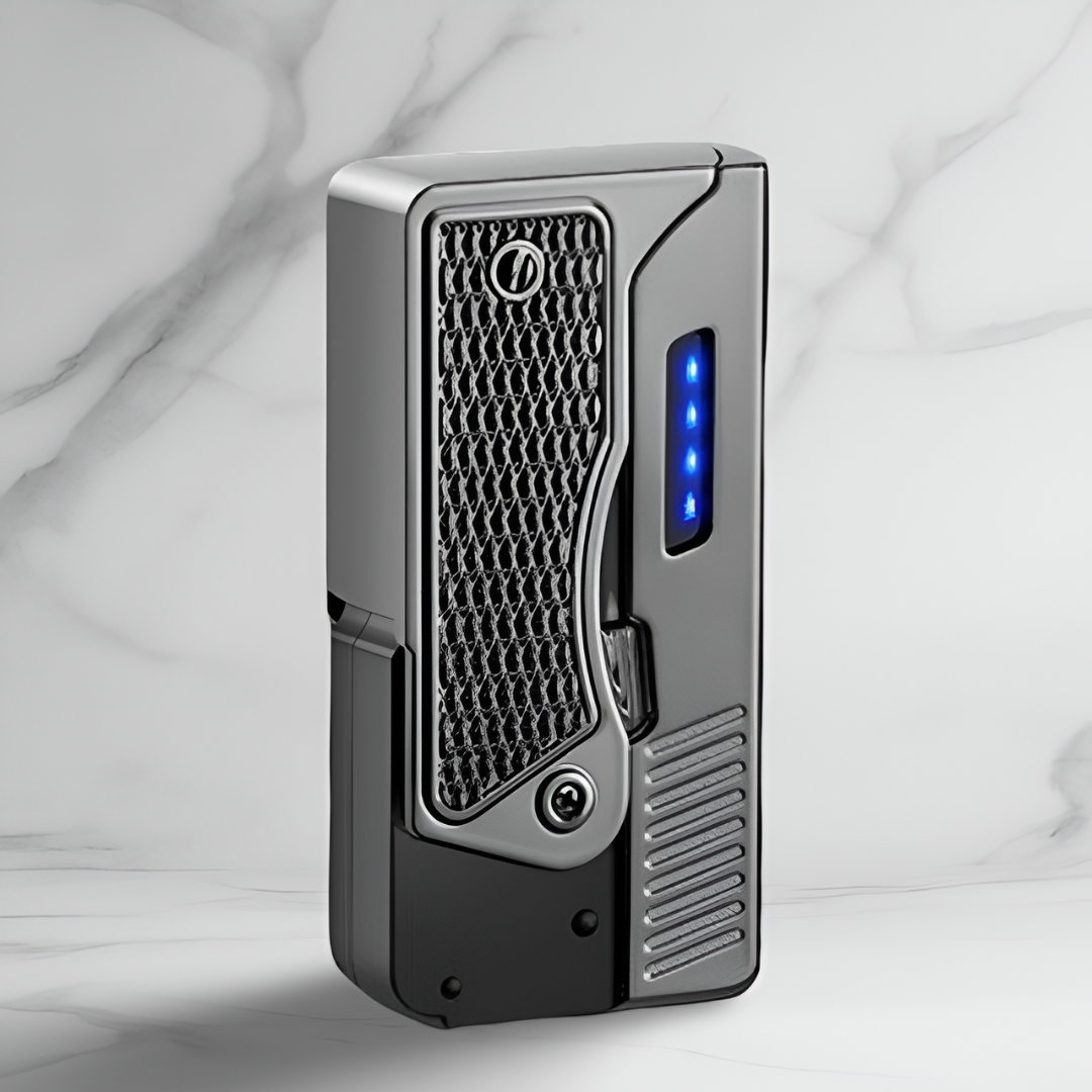 Pyro Pistol lighter in closed position, highlighting the compact firearm-inspired body, textured grip, and illuminated LED battery indicators.