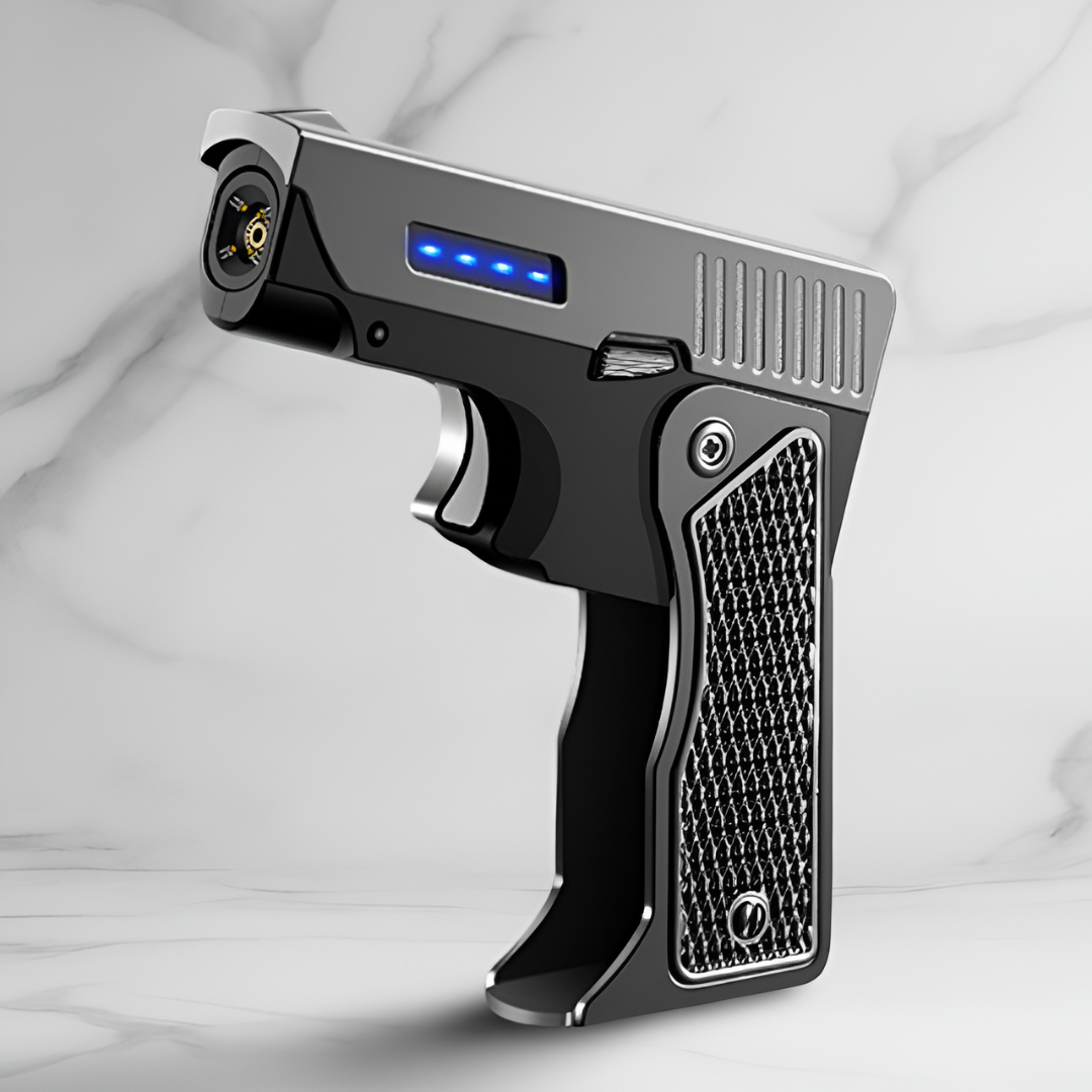 Pyro Pistol lighter in open position, showcasing the gun-shaped design with visible dual arc plasma ignition and side LED indicators.