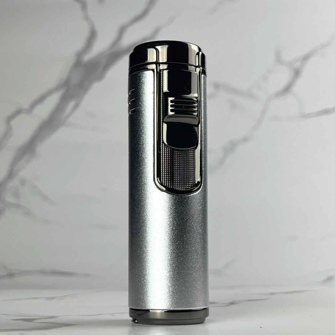 Silver Quad Torch Lighter – refillable 4 jet butane torch lighter with durable metal body and slider ignition