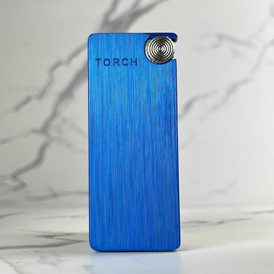 Slim Torch Lighter – blue refillable butane pocket lighter featuring sleek design and clean jet torch flame