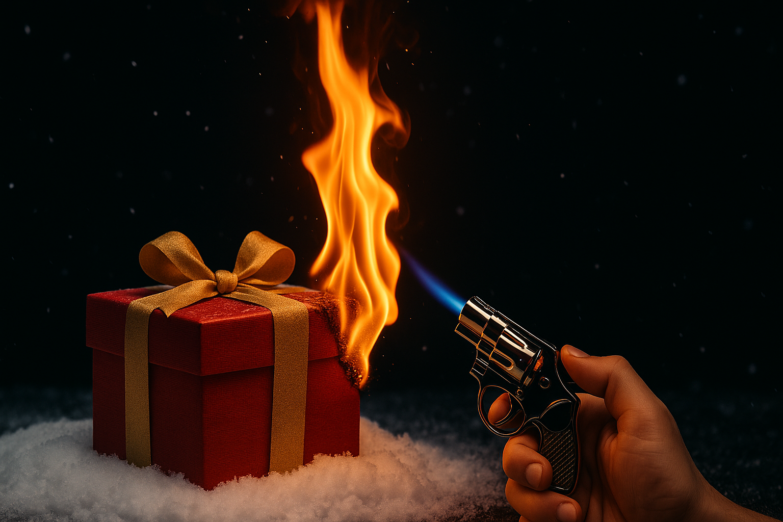Gun-shaped torch lighter igniting a Christmas gift box with a bright flame in a holiday-themed promo image