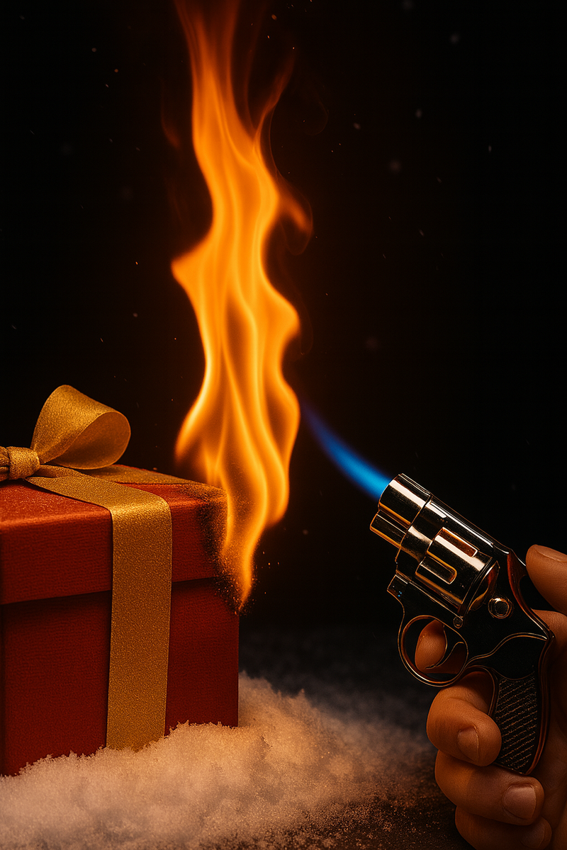 Vertical mobile image of a gun-style torch lighter burning the corner of a Christmas gift box with a bright flame